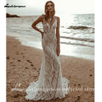 Lakshmigown Plunging V Bohemian Mermaid Wedding Dress Lace Champagne Bridal Gown Vintage Backless Spaghetti Straps Customized