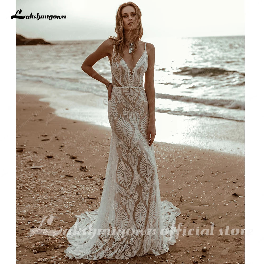Lakshmigown Plunging V Bohemian Mermaid Wedding Dress Lace Champagne Bridal Gown Vintage Backless Spaghetti Straps Customized