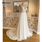 Lakshmigown Chiffon A Line Beach Wedding Dress Lace Illusion Spaghetti Straps Wedding Gown Open Back Bridal Gown Customized
