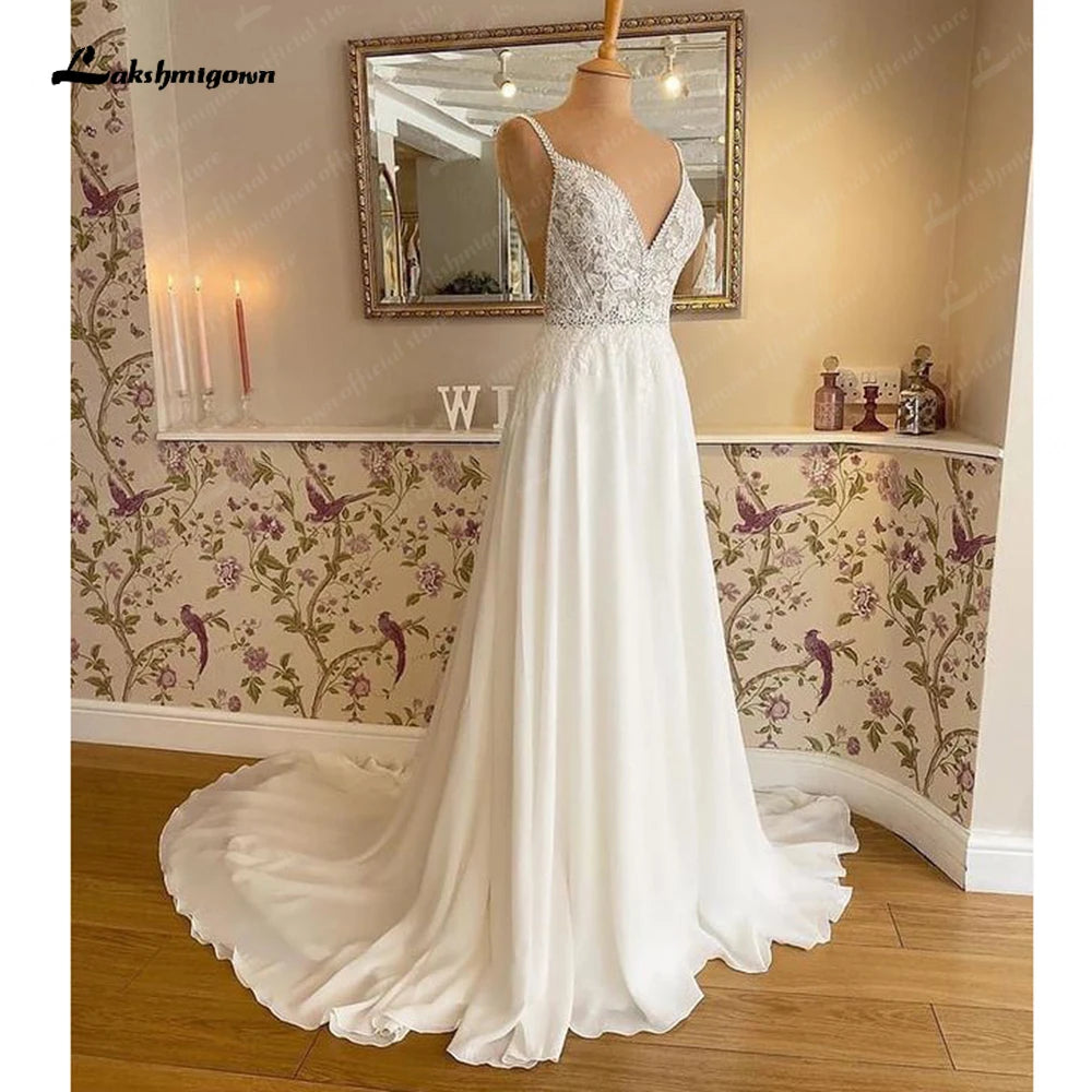 Lakshmigown Chiffon A Line Beach Wedding Dress Lace Illusion Spaghetti Straps Wedding Gown Open Back Bridal Gown Customized