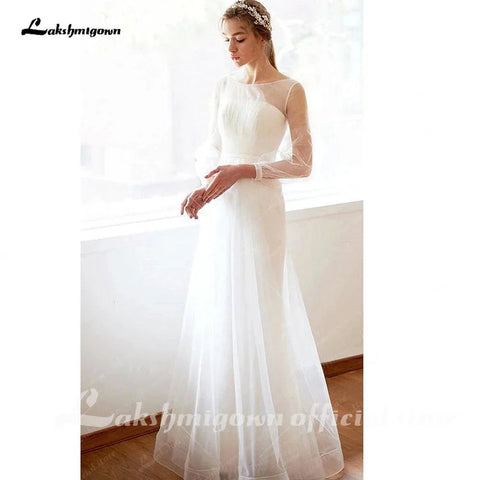 NumberSea Schlichtes Brautkleid in A-Linie mit langen Ärmeln, minimalistisches Netz, gerades Kreuz, Illusion, transparente Spitze 
