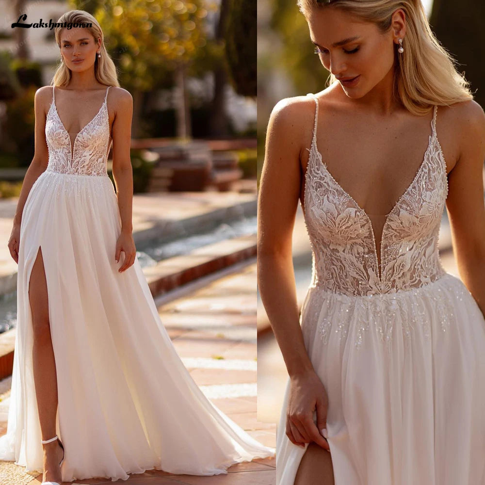 Lakshmigown A-Line Chiffon Wedding Dress For Women Deep V-Neck Sleeveless Bridal Gown Backless High Split Vestido De Novia