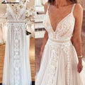 Lakshmigown Plunging V Bohemian Wedding Dress Customized Vestido Noiva Summer A Line Boho Wedding Gown V Neck Lace Open Back