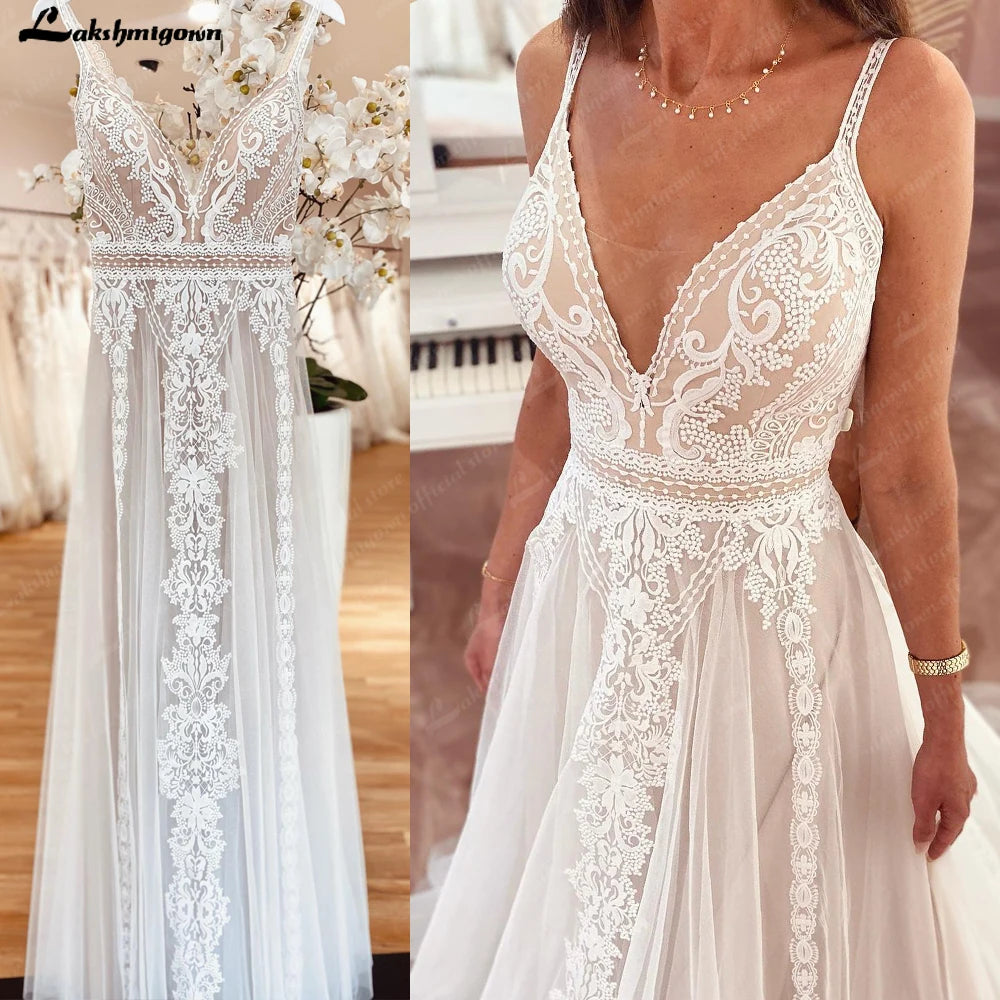 Lakshmigown Plunging V Bohemian Wedding Dress Customized Vestido Noiva Summer A Line Boho Wedding Gown V Neck Lace Open Back