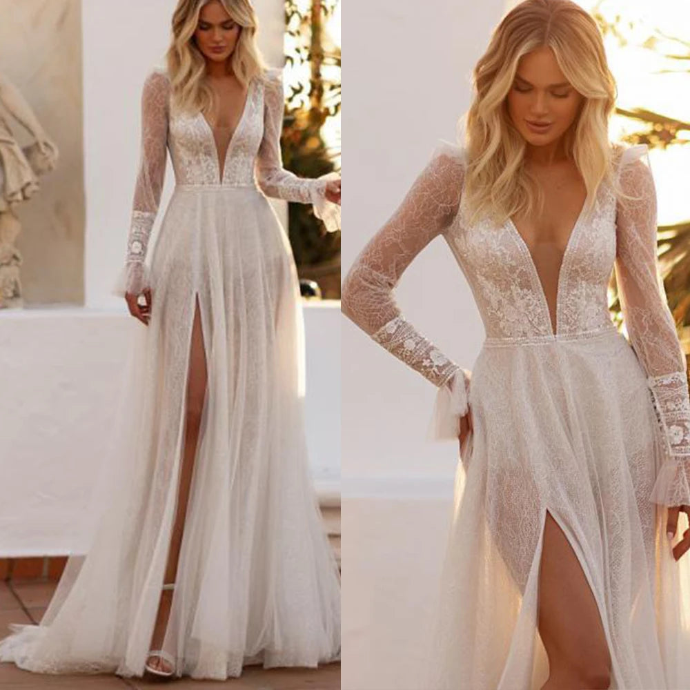 Romantic A-line Wedding Dress 2027 For Women Long Sleeves Bride Split Lace Appliques Bridal Gowns Vestido De Noiva
