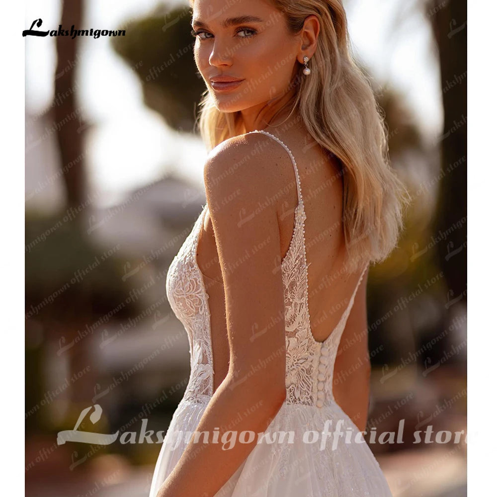 Lakshmigown A-Line Chiffon Wedding Dress For Women Deep V-Neck Sleeveless Bridal Gown Backless High Split Vestido De Novia