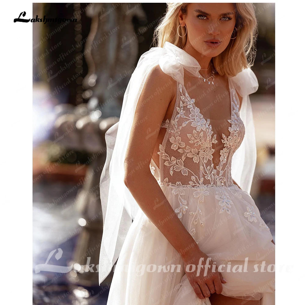 Lakshmigown Split Wedding Dress Lace Flowers Sexy Deep V-neck Appliques Plus Size Tulle Bridal Gowns Customized Vestido De Noiva