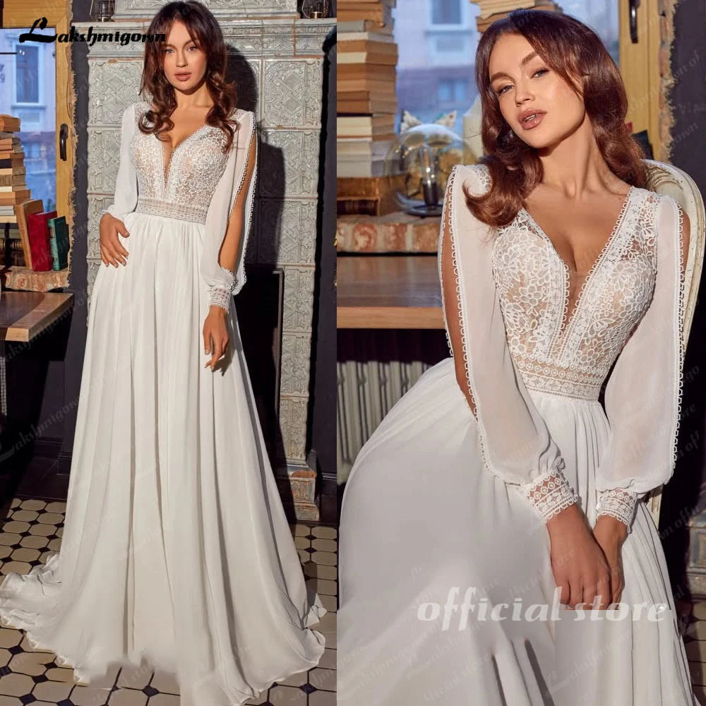 Lakshmigown Civil Chiffon Beach Wedding Dresses Wedding Dresses 2026 Long Sleeves Sexy Boho Bridal Gown Lace  Customized