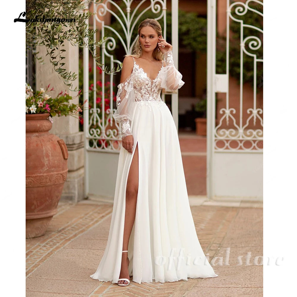 Lakshmigown Spaghetti Strap Chiffon Wedding Dresses for Bride A Line Boho Beach Bridal Dresses with Puff Sleeves Customized