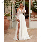 Lakshmigown Spaghetti Strap Chiffon Wedding Dresses for Bride A Line Boho Beach Bridal Dresses with Puff Sleeves Customized