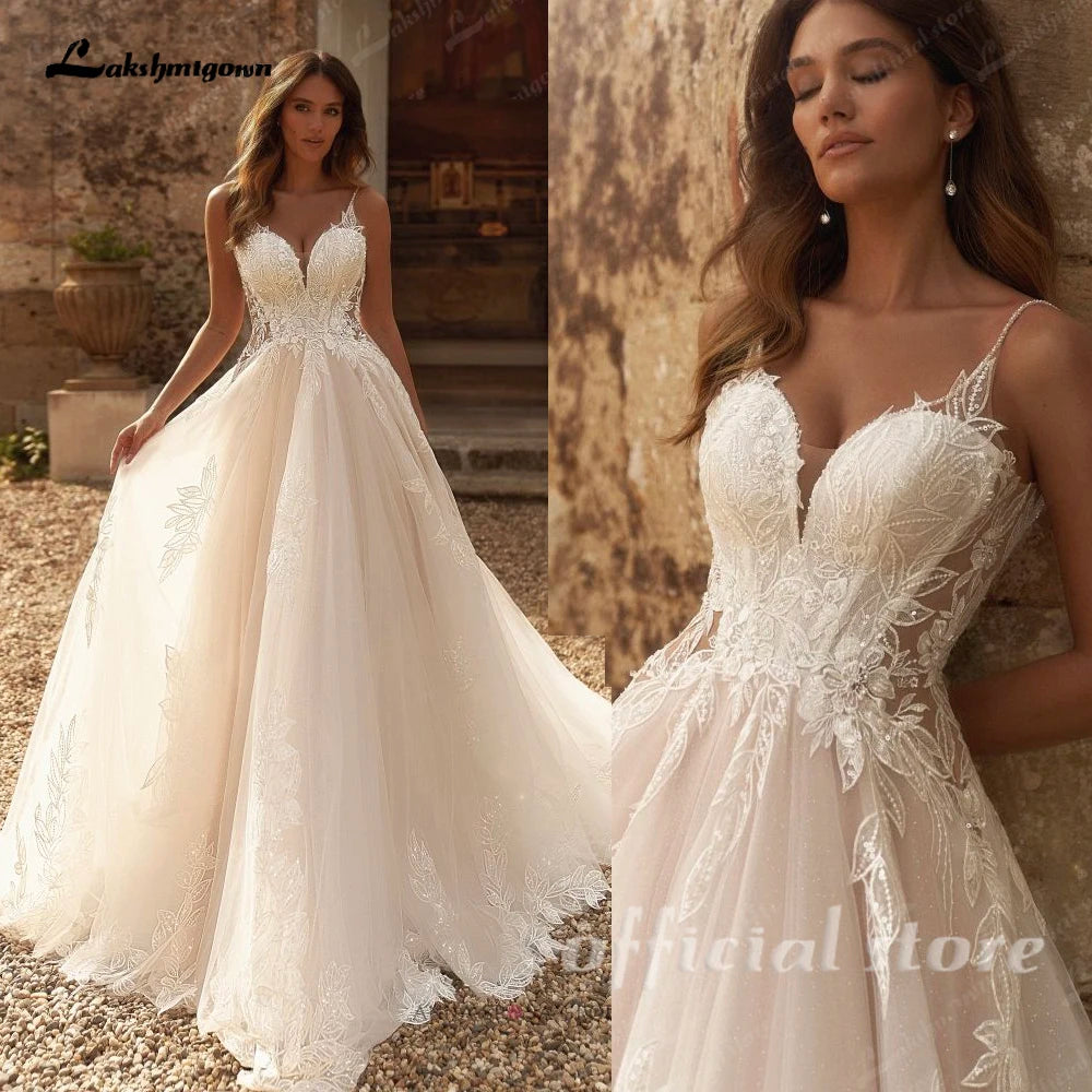 Lakshmigown A-line Flowers Appliques Wedding Dress 2027 Garden Spaghetti Strap Bridal Gowns Sweetheart Wedding Gown Customized