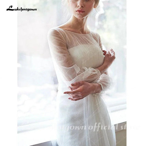 NumberSea Schlichtes Brautkleid in A-Linie mit langen Ärmeln, minimalistisches Netz, gerades Kreuz, Illusion, transparente Spitze 