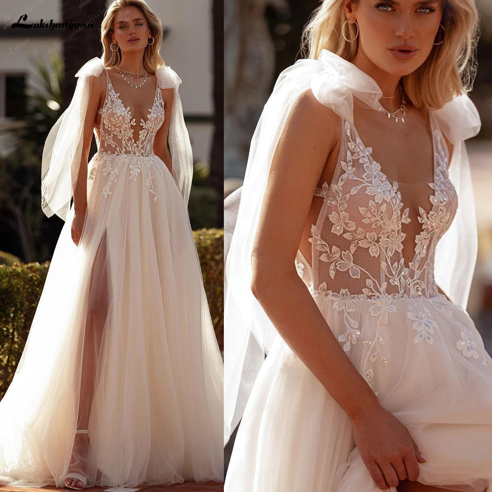 Lakshmigown Split Wedding Dress Lace Flowers Sexy Deep V-neck Appliques Plus Size Tulle Bridal Gowns Customized Vestido De Noiva