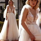 Lakshmigown Split Wedding Dress Lace Flowers Sexy Deep V-neck Appliques Plus Size Tulle Bridal Gowns Customized Vestido De Noiva