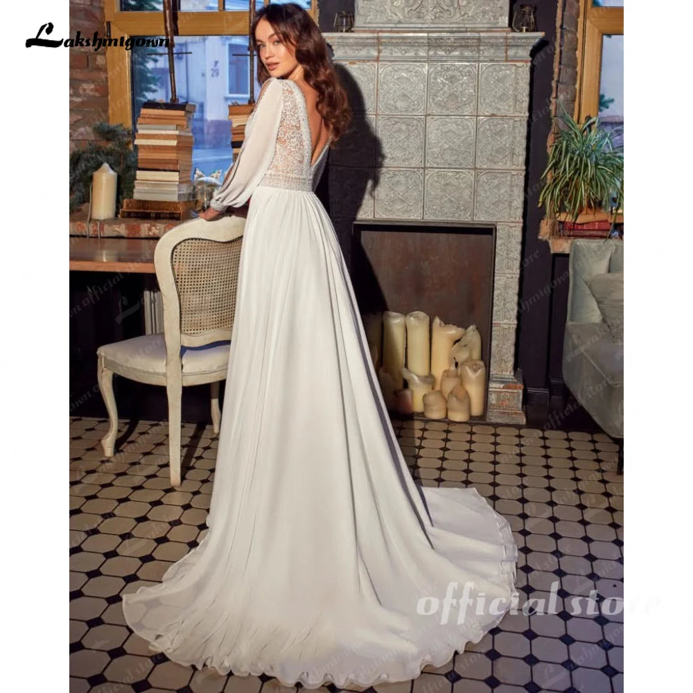 Lakshmigown Civil Chiffon Beach Wedding Dresses Wedding Dresses 2026 Long Sleeves Sexy Boho Bridal Gown Lace  Customized