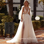 Lakshmigown Split Wedding Dress Lace Flowers Sexy Deep V-neck Appliques Plus Size Tulle Bridal Gowns Customized Vestido De Noiva