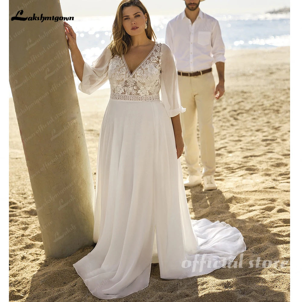 Lakshmigown Chiffon Wedding Dresses Plus Size V Neck 3/4 Sleeves Bride Gowns Appliques Floor Length A-Line Vestido Customized