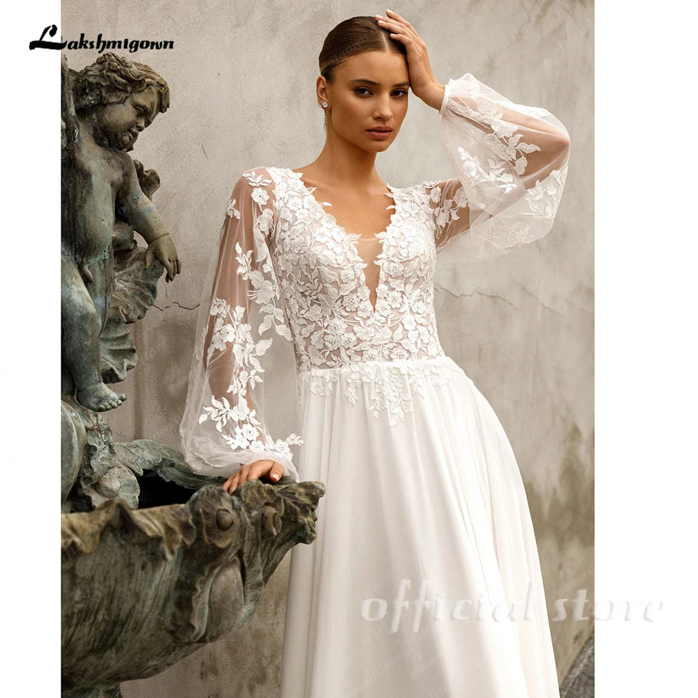 Lakshmigown Puffy Long Sleeves Wedding Dresses 2026 Chiffon Beach Boho A-Line V-Neck Wedding Gown With Appliques LaceCustomized