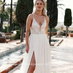 Lakshmigown A-Line Chiffon Wedding Dress For Women Deep V-Neck Sleeveless Bridal Gown Backless High Split Vestido De Novia