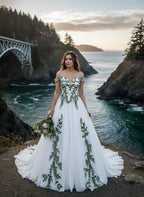 Lakshmigown Green Gothic Wedding Dress Lace Off Shoulder Bohemian Alternative Bride Dress Ethereal Celtic Boho Bride Customized