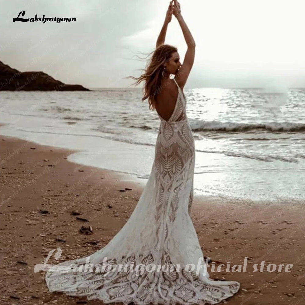 Lakshmigown Plunging V Bohemian Mermaid Wedding Dress Lace Champagne Bridal Gown Vintage Backless Spaghetti Straps Customized