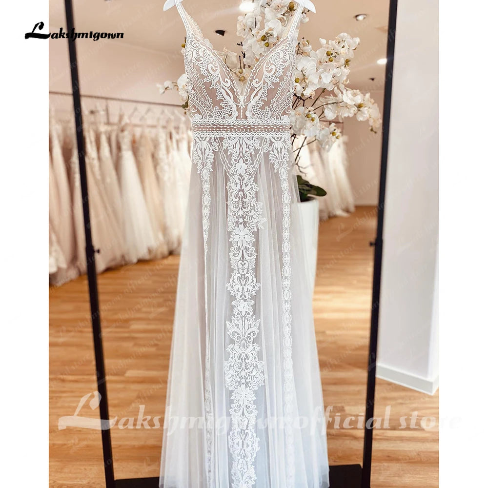 Lakshmigown Plunging V Bohemian Wedding Dress Customized Vestido Noiva Summer A Line Boho Wedding Gown V Neck Lace Open Back