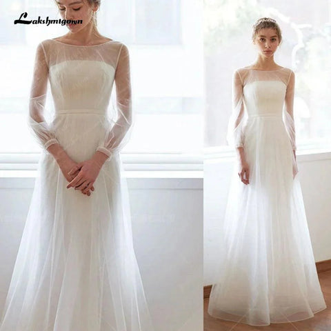 NumberSea Schlichtes Brautkleid in A-Linie mit langen Ärmeln, minimalistisches Netz, gerades Kreuz, Illusion, transparente Spitze 