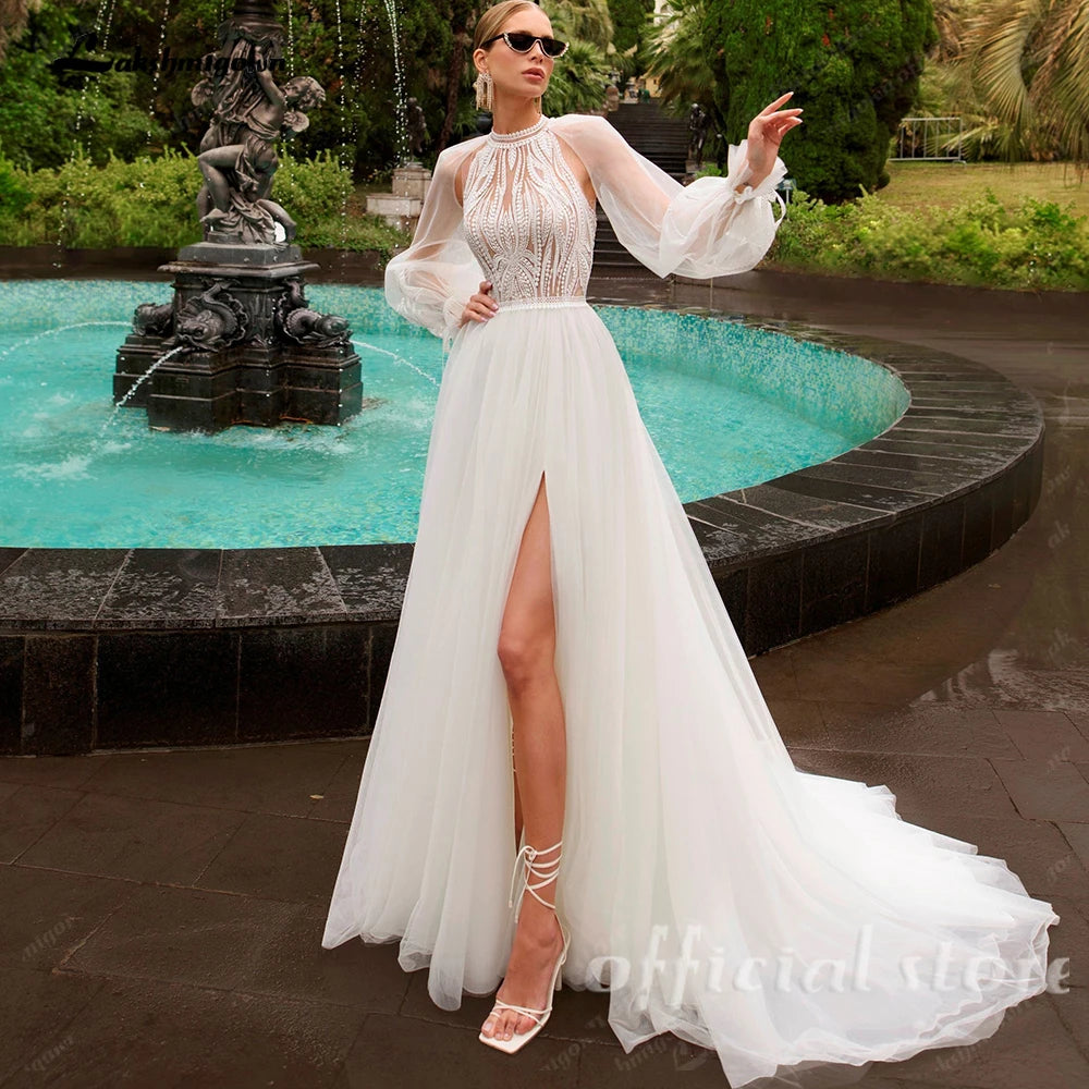 Lakshmigown High Neck Wedding Gown with Removable Sleeves Tulle Slit Wedding Dress Bridal Dress for Wedding Events Customized