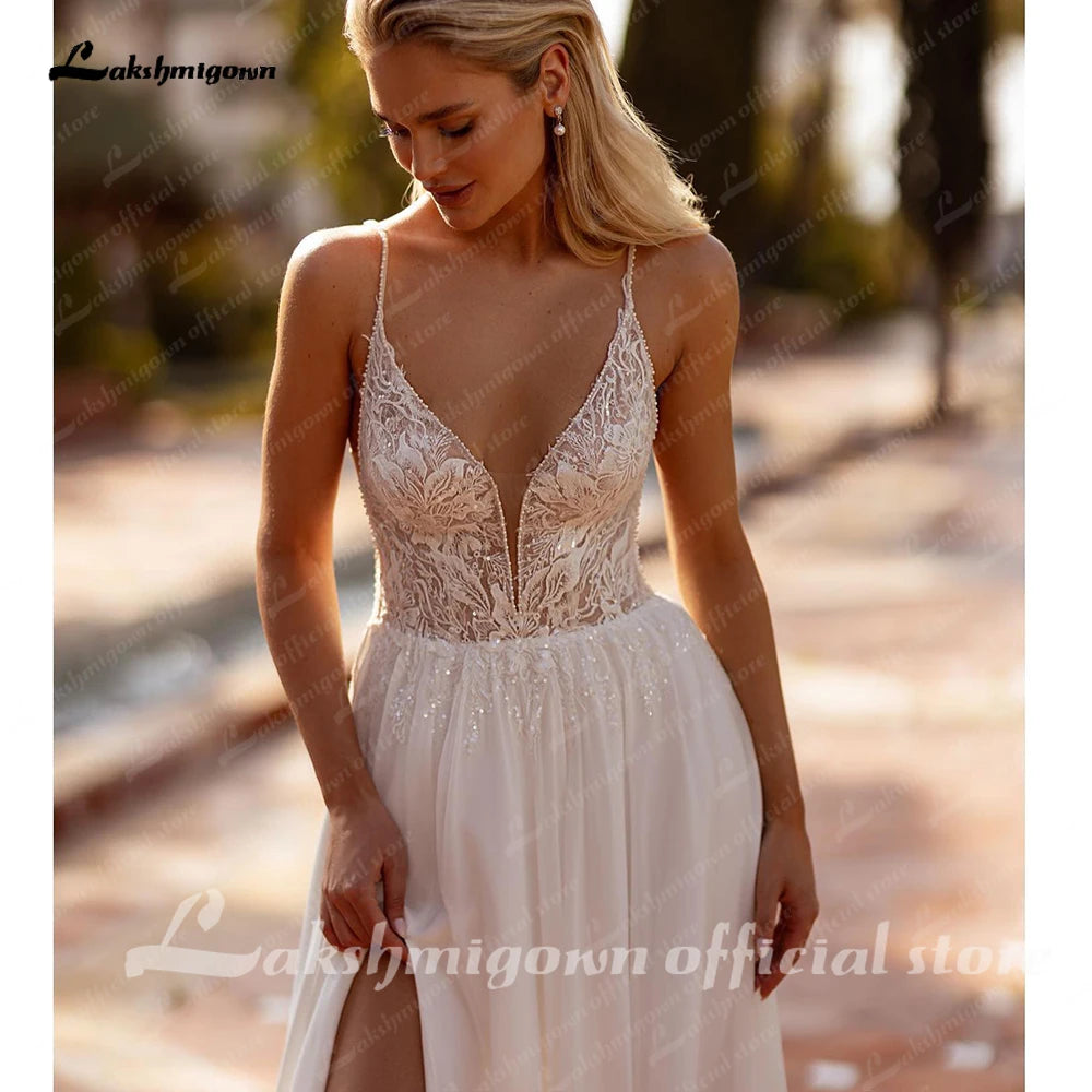 Lakshmigown A-Line Chiffon Wedding Dress For Women Deep V-Neck Sleeveless Bridal Gown Backless High Split Vestido De Novia