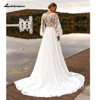 Lakshmigown Puffy Long Sleeves Wedding Dresses 2026 Chiffon Beach Boho A-Line V-Neck Wedding Gown With Appliques LaceCustomized