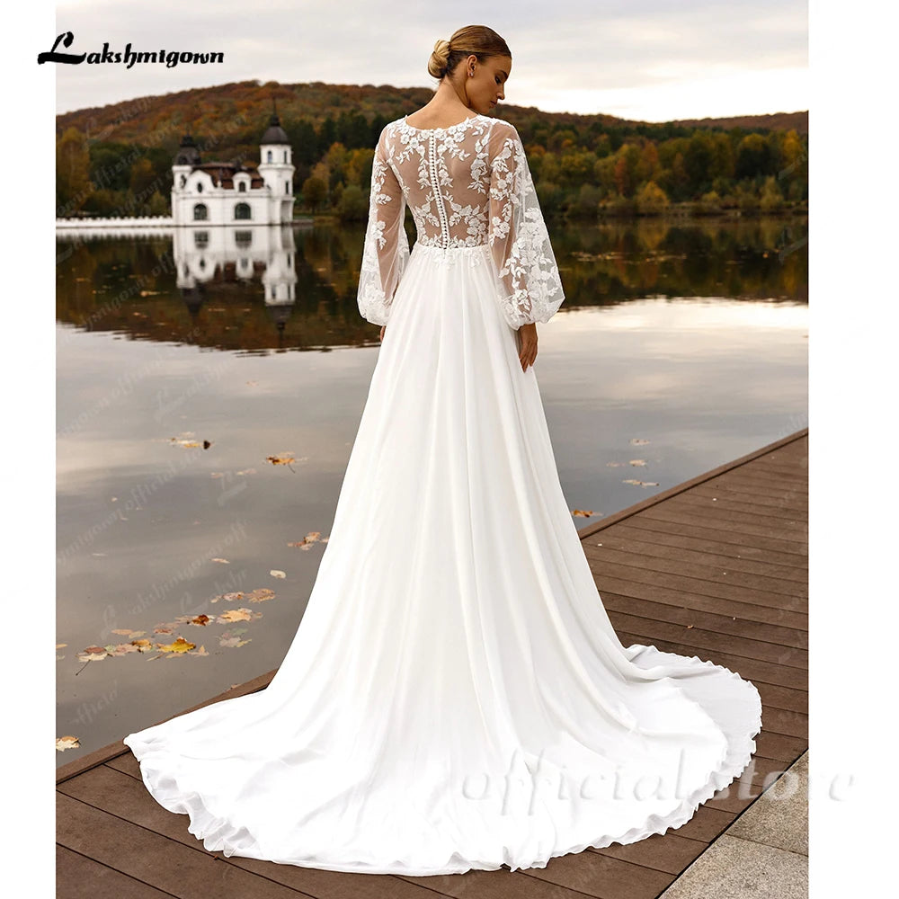 Lakshmigown Puffy Long Sleeves Wedding Dresses 2026 Chiffon Beach Boho A-Line V-Neck Wedding Gown With Appliques LaceCustomized