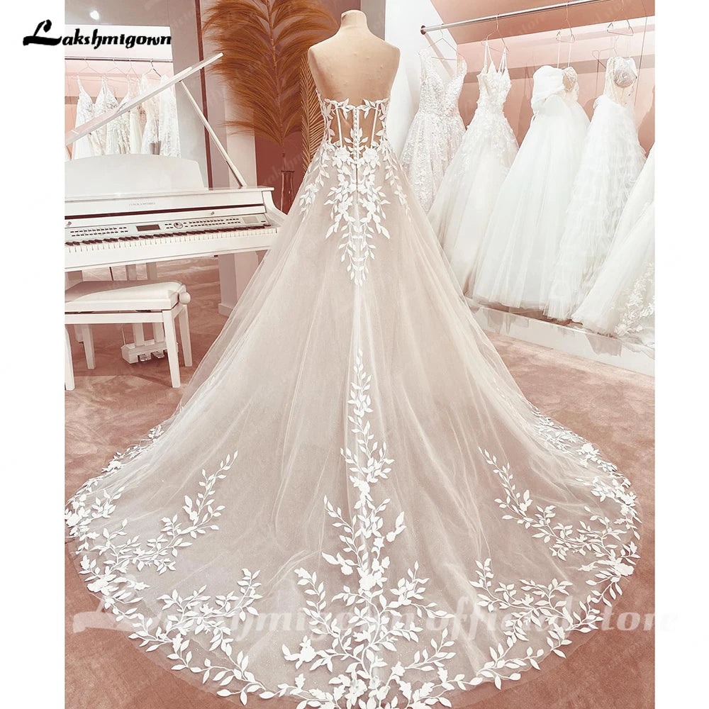 Lakshmigown Lace Appliques Sweetheart Glitter A Line Boho Wedding Dress Robe Femm Civil Beach Wedding Bridal Gowns Customized