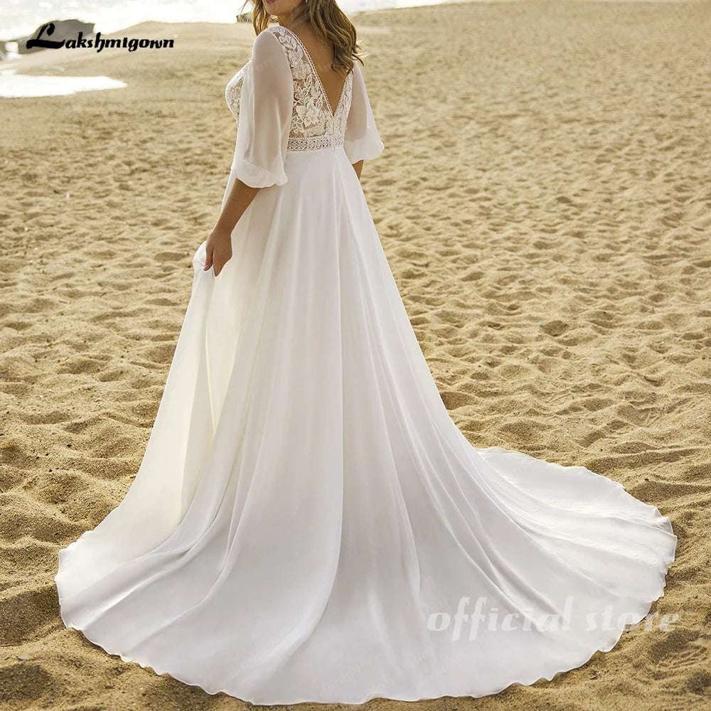 Lakshmigown Chiffon Wedding Dresses Plus Size V Neck 3/4 Sleeves Bride Gowns Appliques Floor Length A-Line Vestido Customized