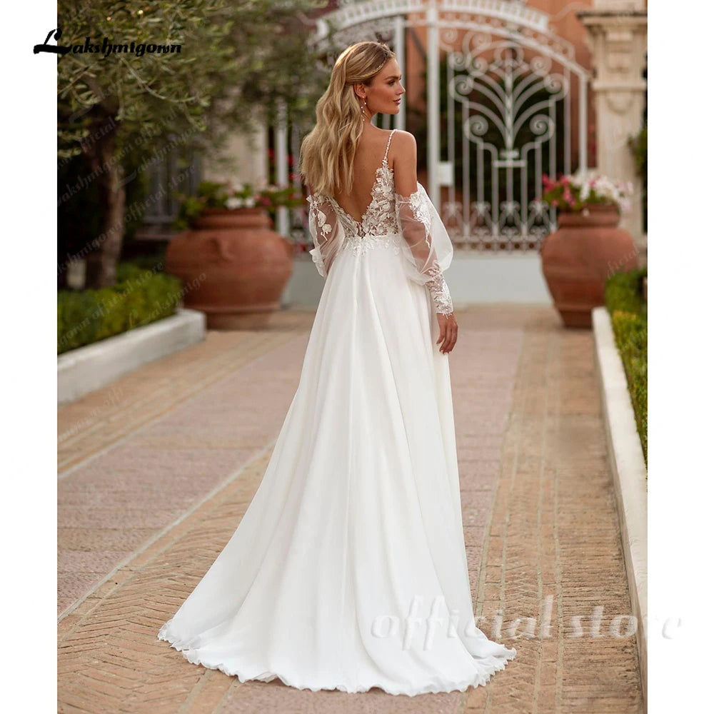 Lakshmigown Spaghetti Strap Chiffon Wedding Dresses for Bride A Line Boho Beach Bridal Dresses with Puff Sleeves Customized
