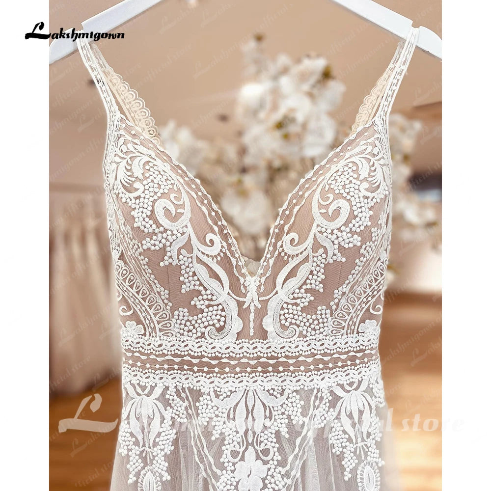 Lakshmigown Plunging V Bohemian Wedding Dress Customized Vestido Noiva Summer A Line Boho Wedding Gown V Neck Lace Open Back