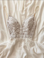 Lakshmigown Chiffon A Line Beach Wedding Dress Lace Illusion Spaghetti Straps Wedding Gown Open Back Bridal Gown Customized