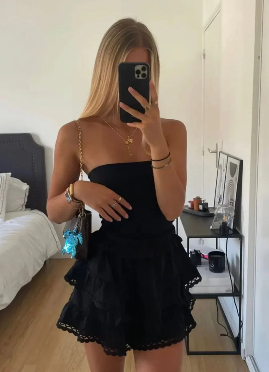 Schwarzes trägerloses A-Linien-Heimkehrballkleid Schwarzes Minikleid Y2163