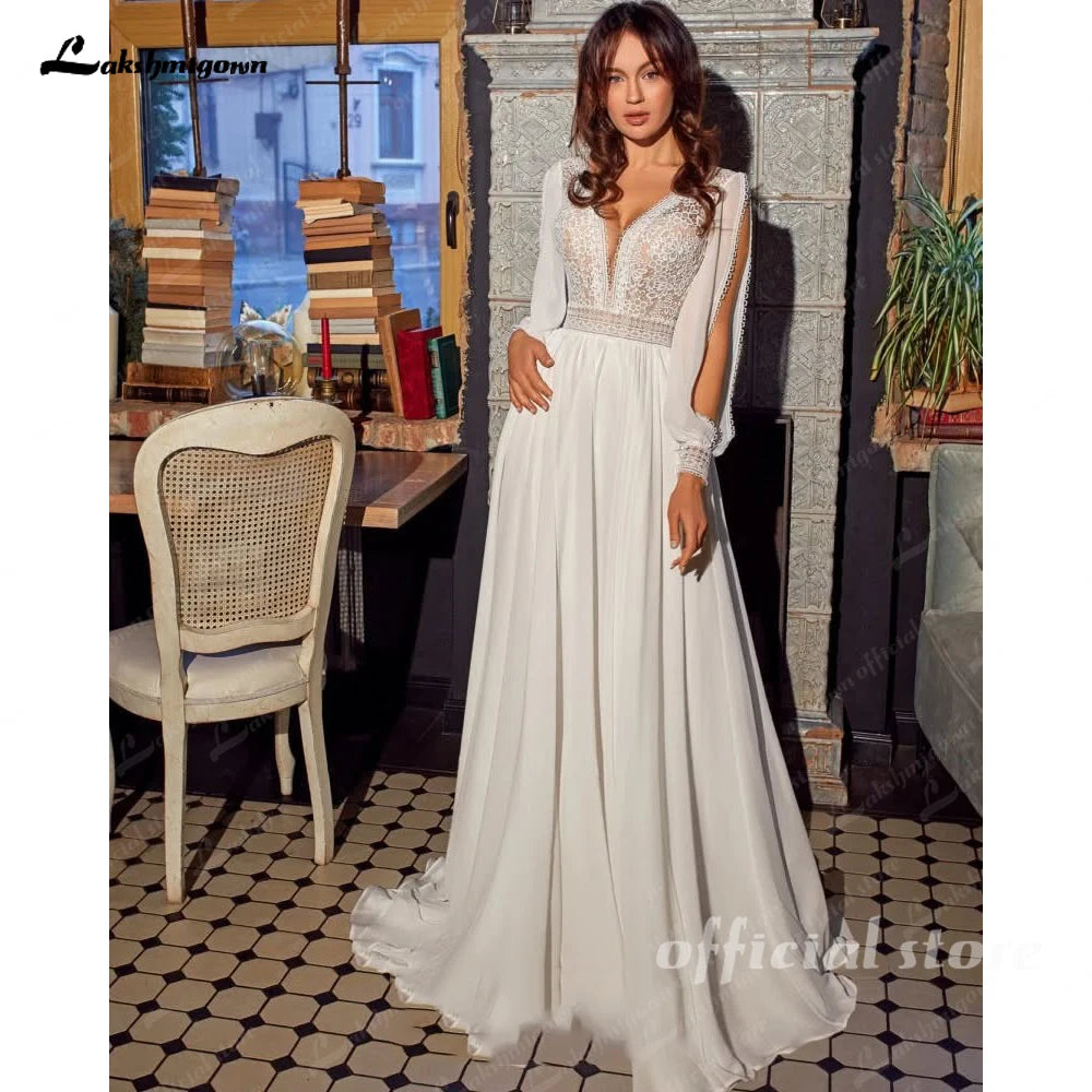 Lakshmigown Civil Chiffon Beach Wedding Dresses Wedding Dresses 2026 Long Sleeves Sexy Boho Bridal Gown Lace  Customized
