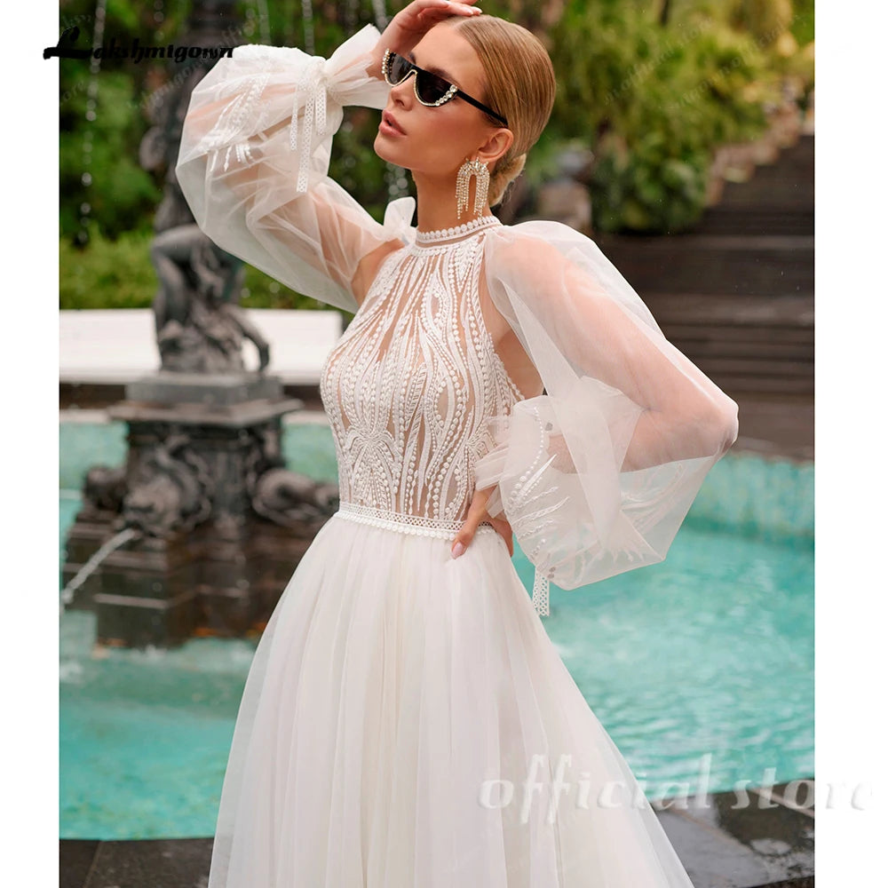 Lakshmigown High Neck Wedding Gown with Removable Sleeves Tulle Slit Wedding Dress Bridal Dress for Wedding Events Customized