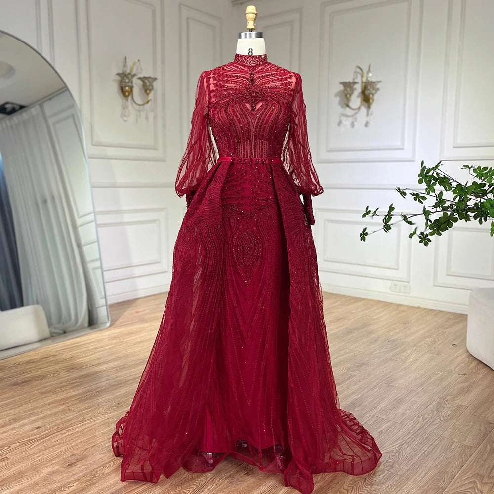 Serene Hill Customized Wine Red Long Sleeves Overskirt Evening Dresses 2024 Muslim Party Gowns For Women Plus Size DLA71248