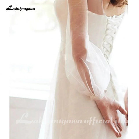 NumberSea Schlichtes Brautkleid in A-Linie mit langen Ärmeln, minimalistisches Netz, gerades Kreuz, Illusion, transparente Spitze 