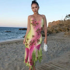 Rosa Grün Verlauf Perlenbesetzt Spaghetti-Träger Chiffon Lang Rüschen Abendkleid Party Abschlussballkleid Y8495