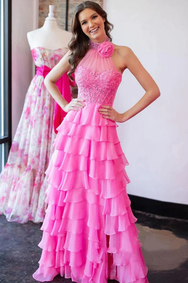 Vestidos de festa compridos cor-de-rosa com decote halter e contas em renda PSK560