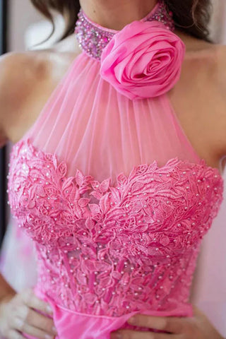 A-Linie Neckholder Perlen Spitze Lange Rosa Ballkleider PSK560