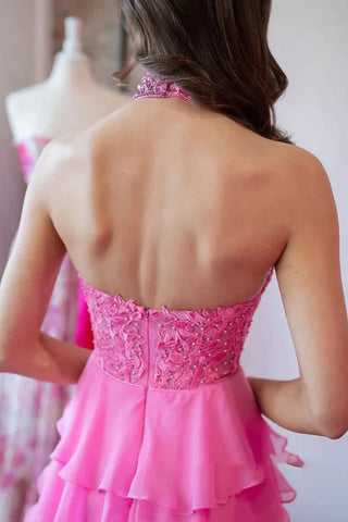 A-Linie Neckholder Perlen Spitze Lange Rosa Ballkleider PSK560