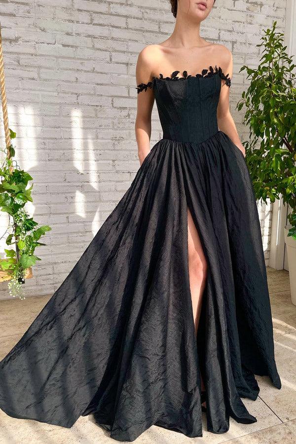 Vestido de festa preto comprido com racha em tafetá e bolsos PSK368