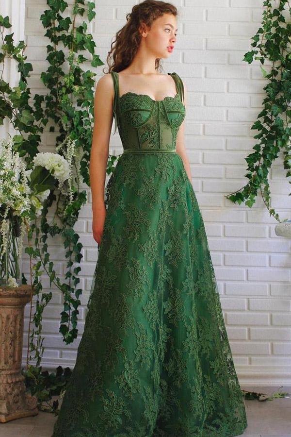 Vestido de festa verde escuro com alças finas e corte A PSK252