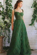 Robe de soirée formelle vert foncé à bretelles spaghetti ligne A PSK252