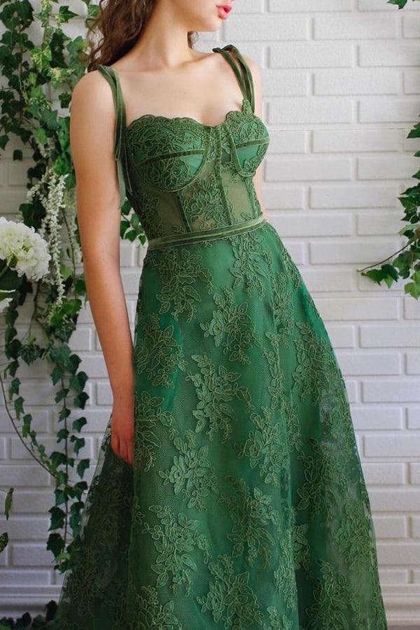 Vestido de festa verde escuro com alças finas e corte A PSK252