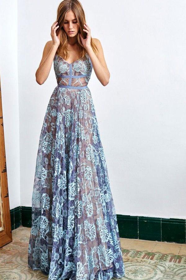 Vestido de festa comprido com decote em V, sem mangas e com alças finas, em renda, PSK087